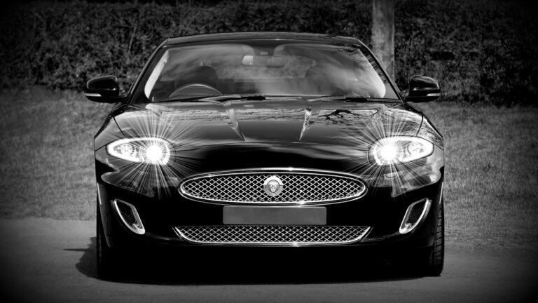 Dynamic black and white photo of a Jaguar car front view, showcasing elegance and design.